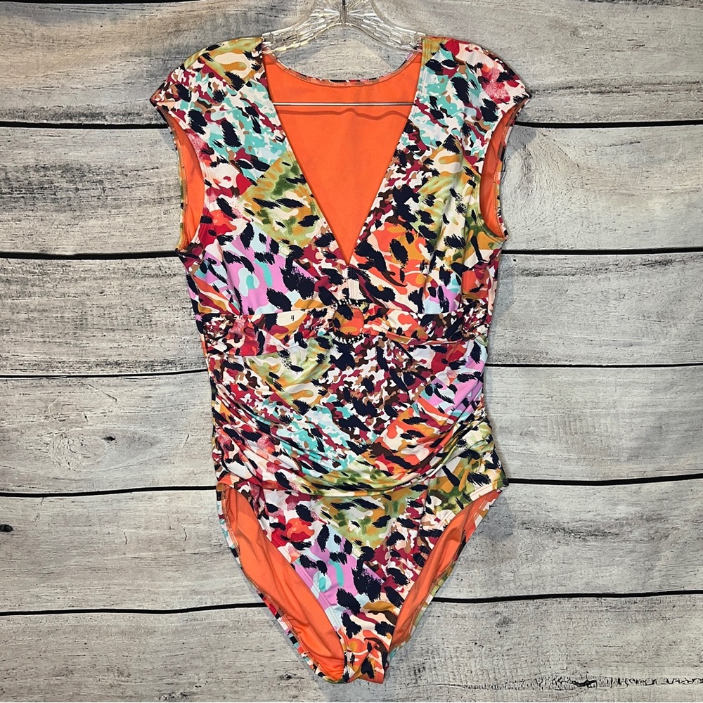 Bleu Rod Beattie Multicolor Animal Print One-Piece Swimsuit Cap Sleeve Vneck Cut